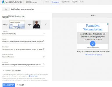 Interface de création dans adwords