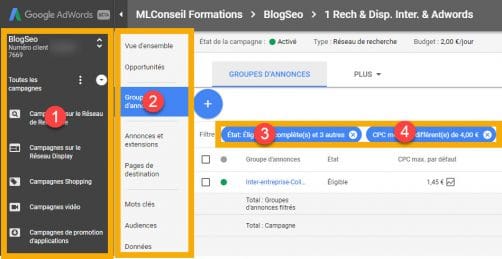 navigation arborescente pour la nouvelle interface google adwords