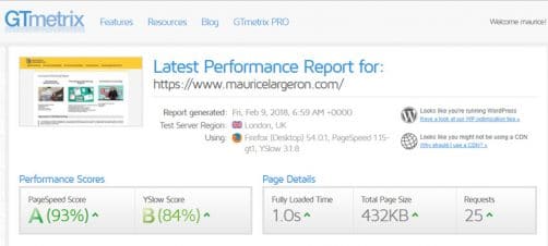 Temps de chargement site web avec Gt Metrix