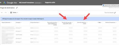 Pages de destination google ads rapports