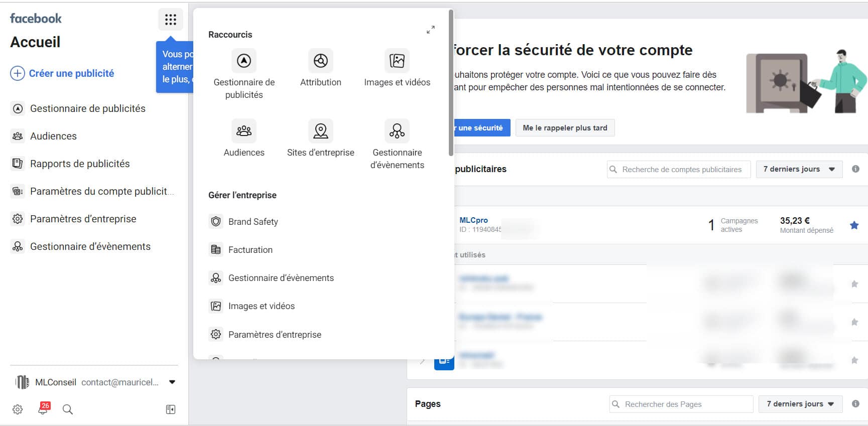 Accès raccourcis business manager facebook