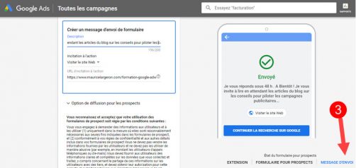 Etape 3 : le message retour et cta