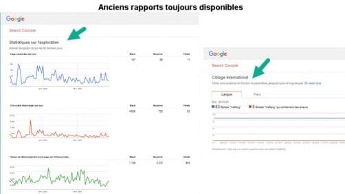 Anciens rapports disponibles search console