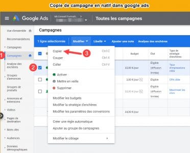 "Copier Coller "classique depuis google ads