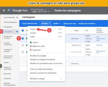 "Copier Coller "classique depuis google ads