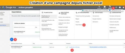 Importation depuis le menu haut google ads