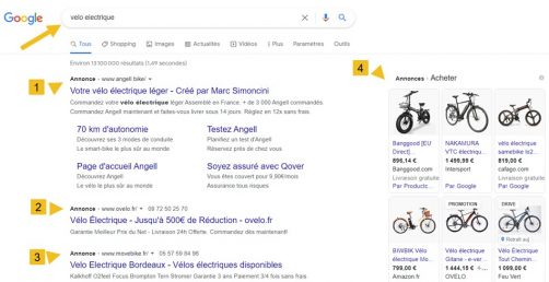 serp google ads payants sur vélo eletrique