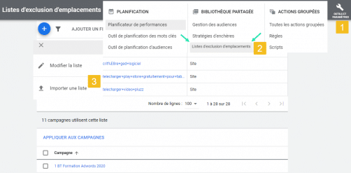 Liste exclusions emplacements