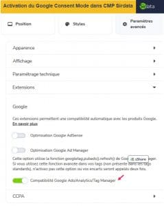 Configuration du consent mode dans la console sirdata