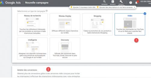 Youtube Campagne pour action dans google ads