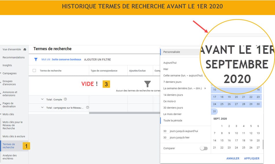 HISTORIQUE TERMES DE RECHERCHE GOOGLE ADS