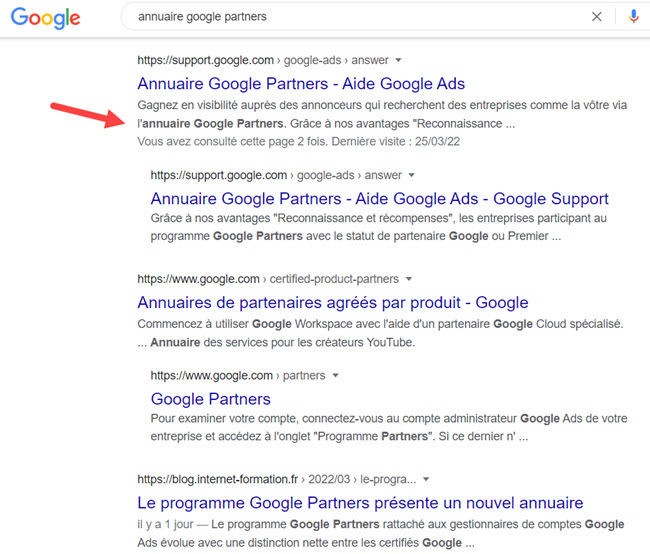 Visibilité sur requete "annuaire partenaires google"