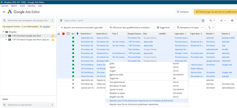 Export depuis google ads editor