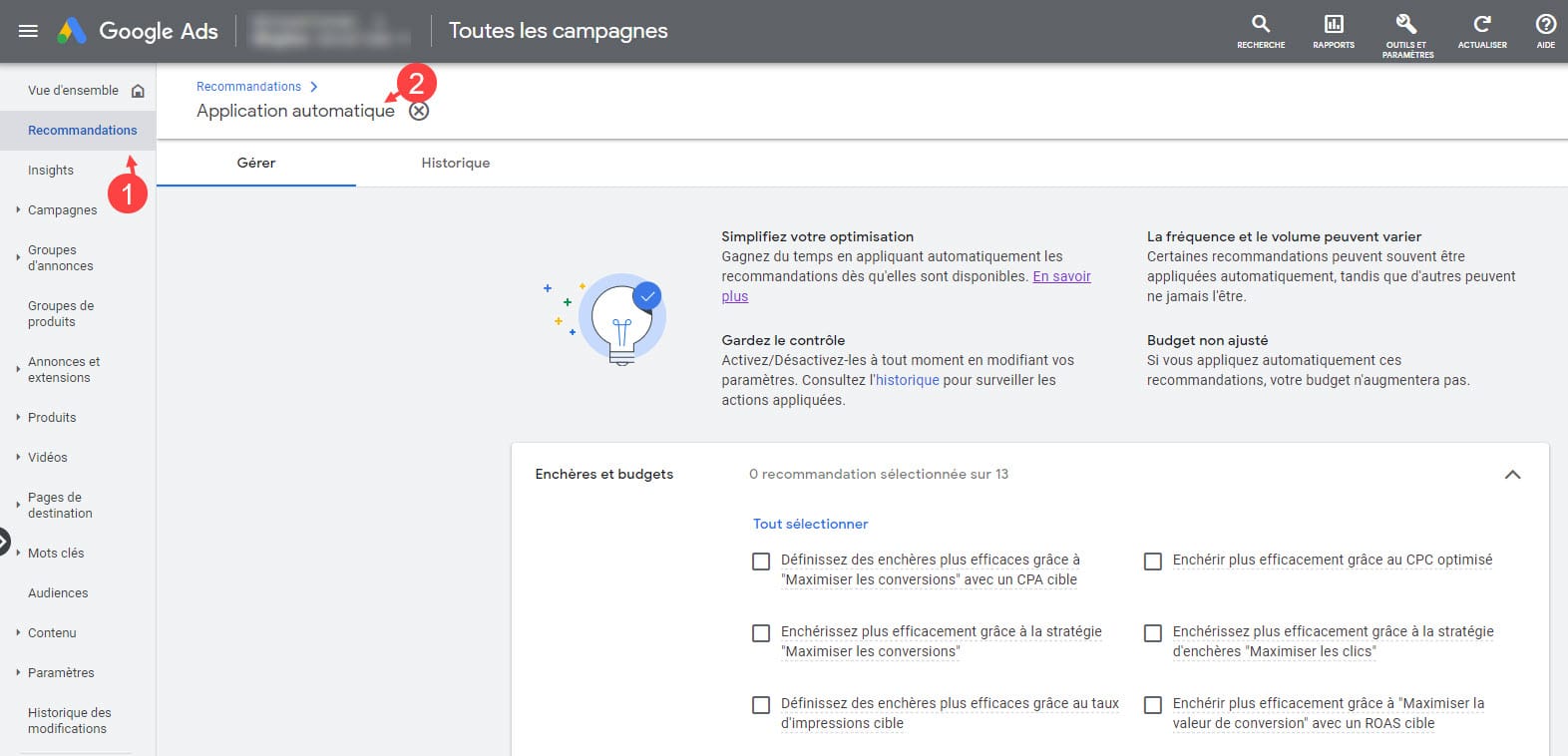 Recommandations automatiques google ads