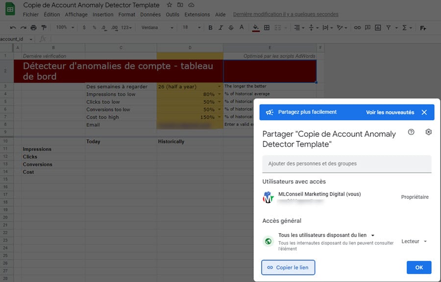 Configuration de la feuille de calcul pour la collecte de données du compte 