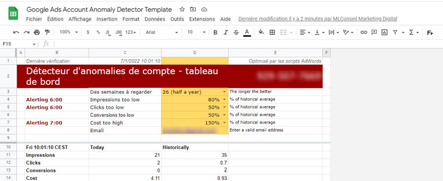 résultat script google ads sur performance du compte