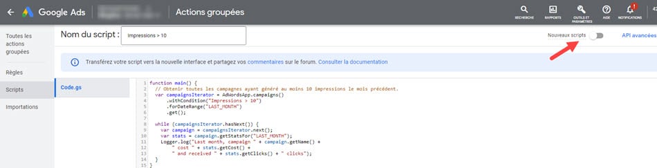 bouton migration des scripts