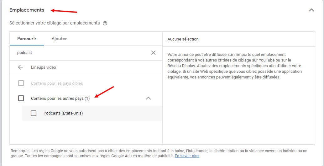 Paramétrage campagne vidéo ciblée sur Podcasts