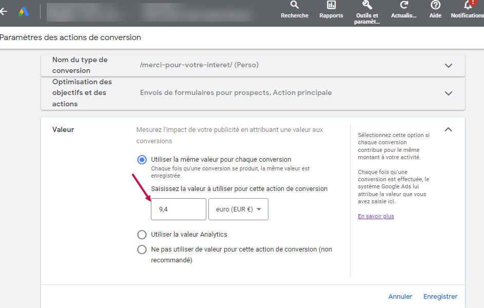 Réglages de la valeur de conversion dans menu mesure de google ads