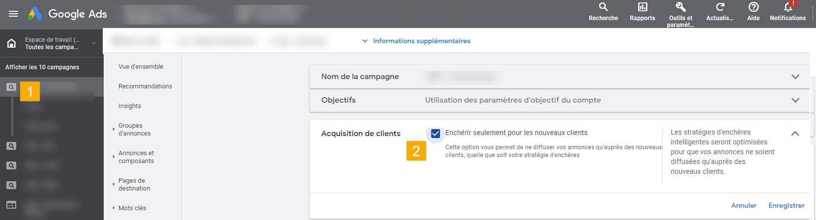 activation acquisitoin client google ads pour le reseau de recherche