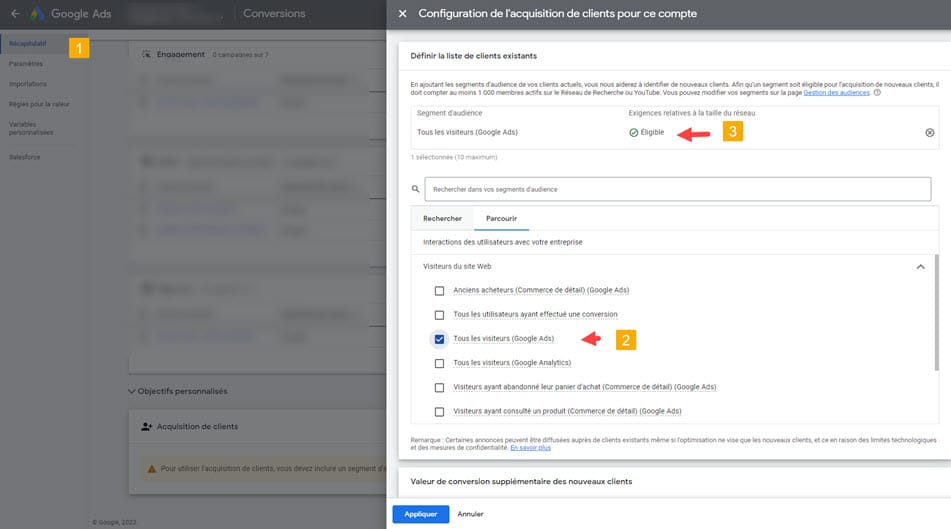 Activation des audiences pour acquisiton nouveau client via des audiences google ads