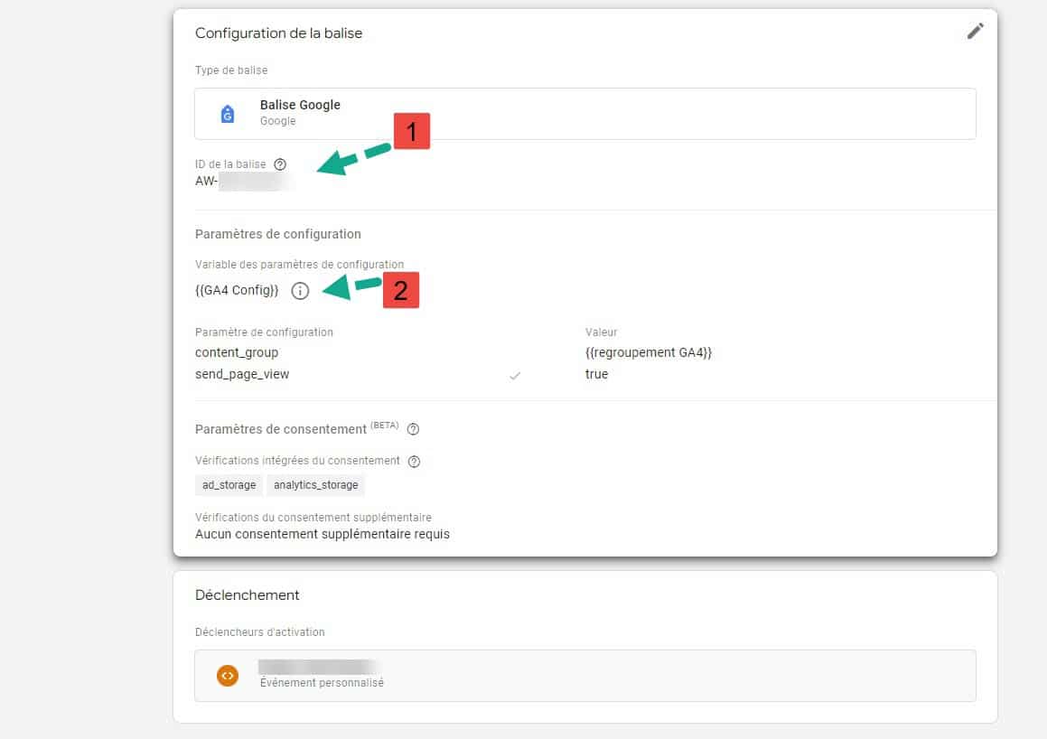 maj balise google gtm, parmètres de configuration